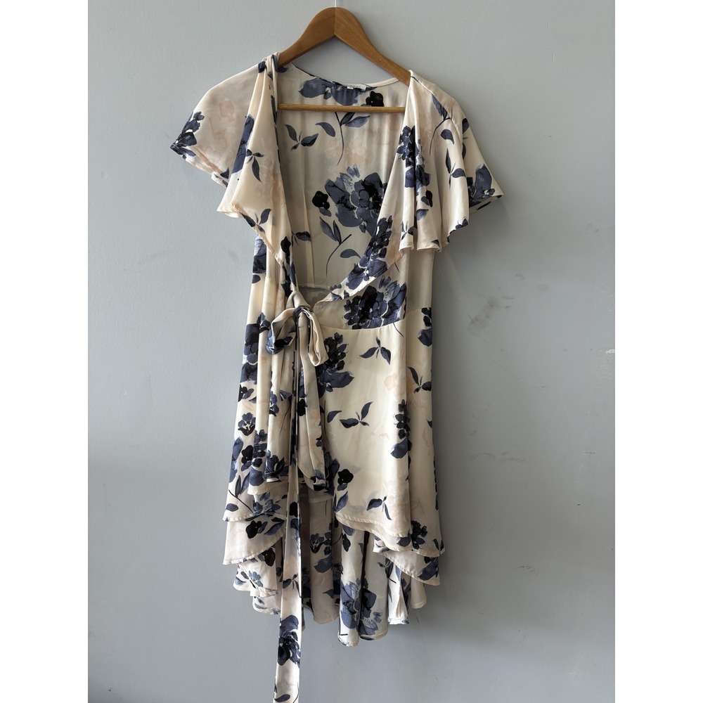 Olivaceous Dress Womens Small White Floral Wrap Hi Low Ruffle‎ Belted V Neck